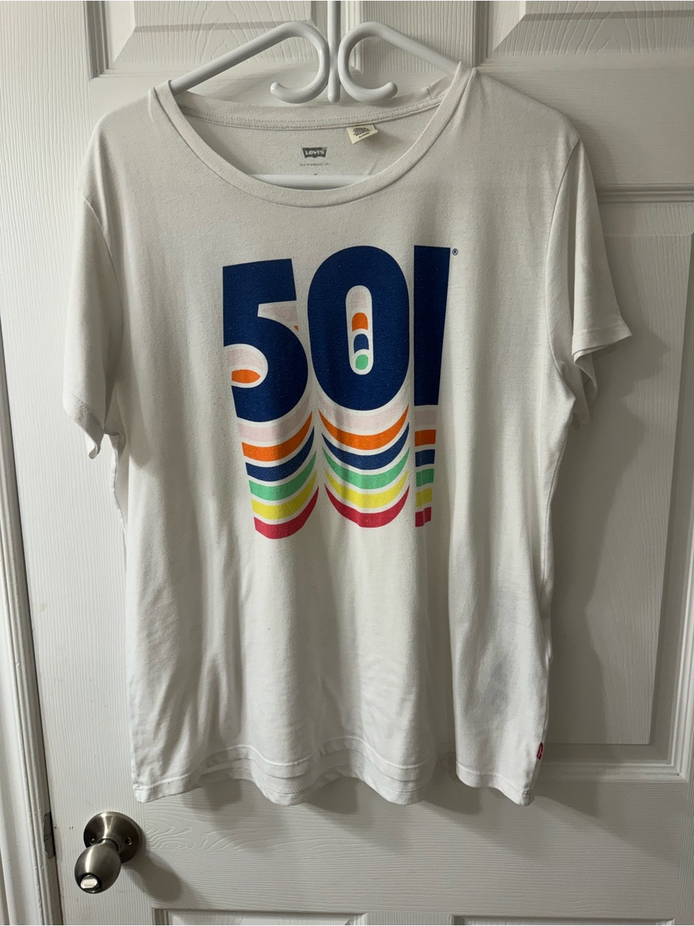 Levi's White Tee with Bold Blue '501' and Rainbow Stripes